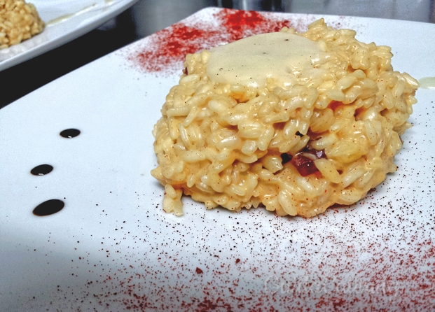 risotto alla vodka con paprika e speck